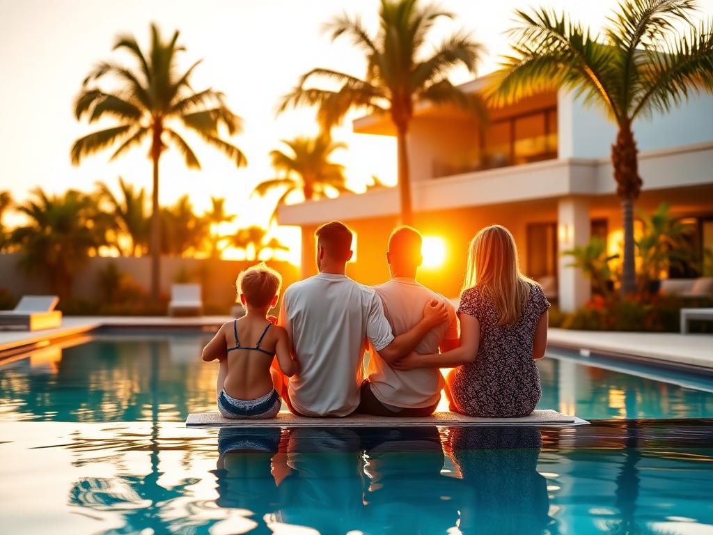 Family enjoying their pool at sunset
